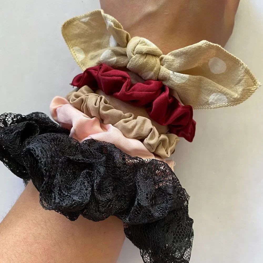 Set of 5 Scrunchies - Black Lace Nude Polka Dot Bow